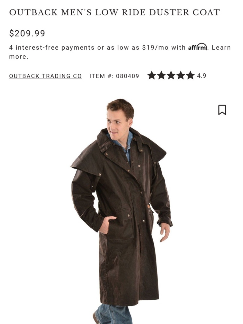 Outback Men’s low-ride Brown Duster Coat